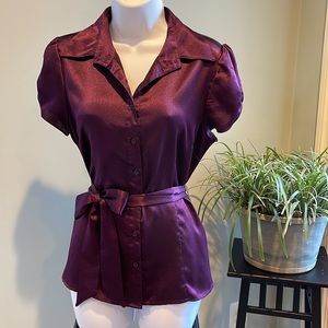 2 Blouses with Tie Belt and Puff Sleeves Button-down